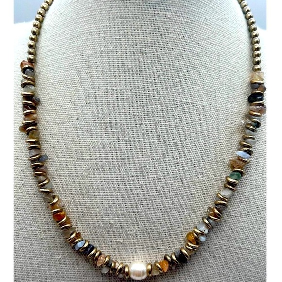 Bohemian Agate Chip & Faux Pearl Necklace With Brass Accents.  A88 - Picture 1 of 11